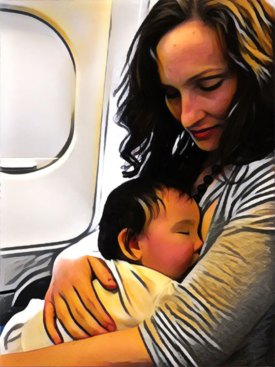 artistically manipulated image of a woman breastfeeding her child on an airplain