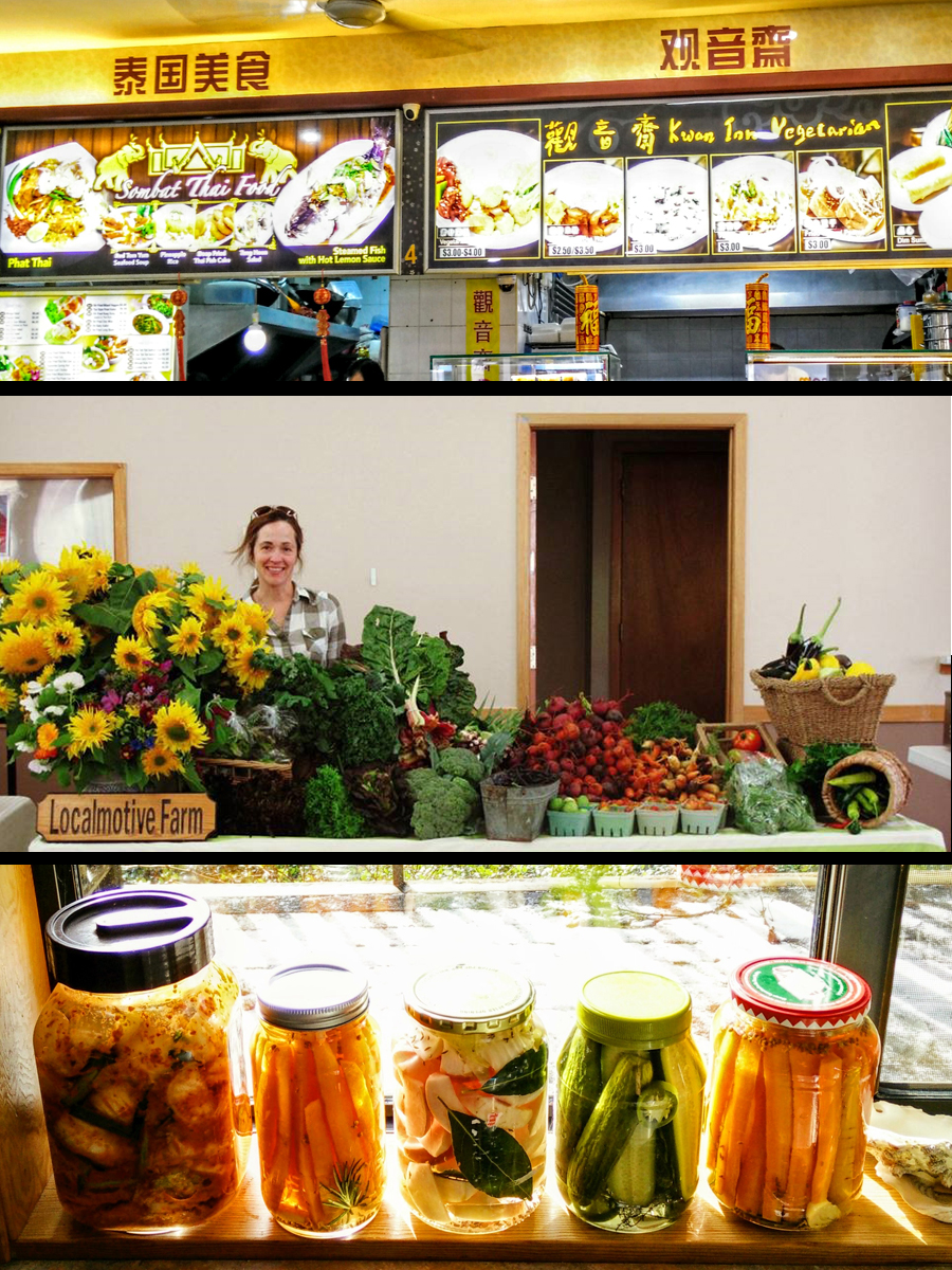 Three pictures, one of farmer, vegetables, and sunflowers behind a sign stating 'Localmotive Farm', one of a food court in Singapore, and one of fermented pickles