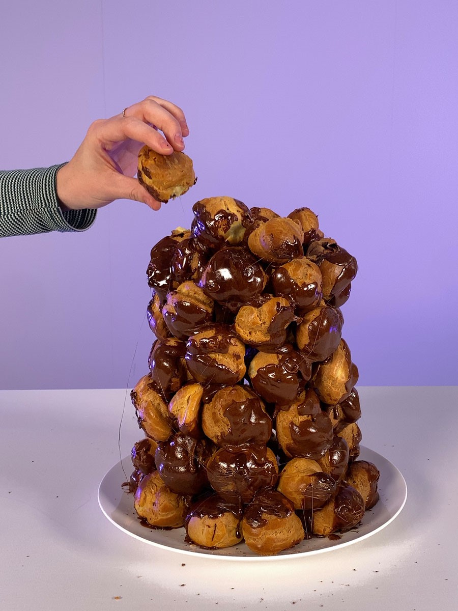 Chinese Croquembouche, or pyramid of choux pastries, each dipped in chocolate
