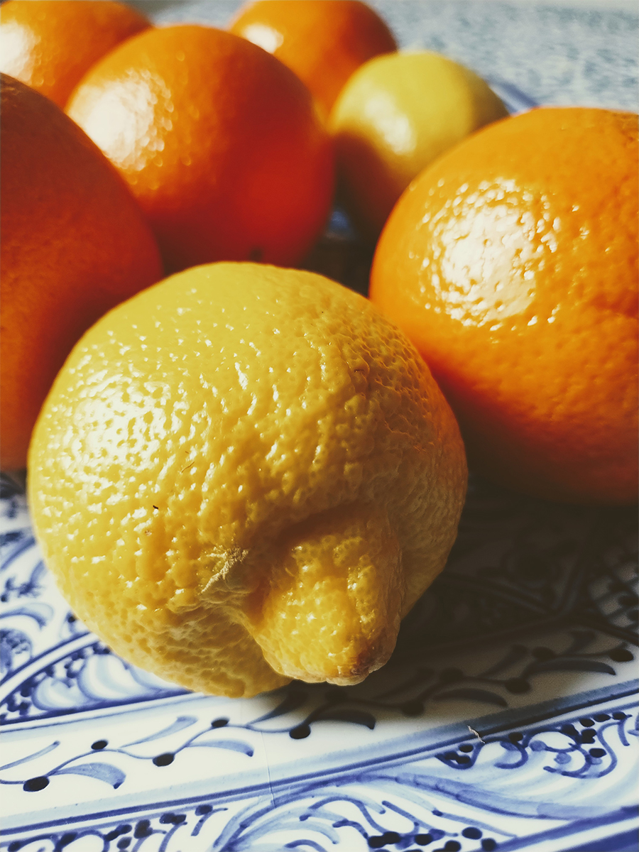 A closeup of lemons and oranges on a blue and white platter