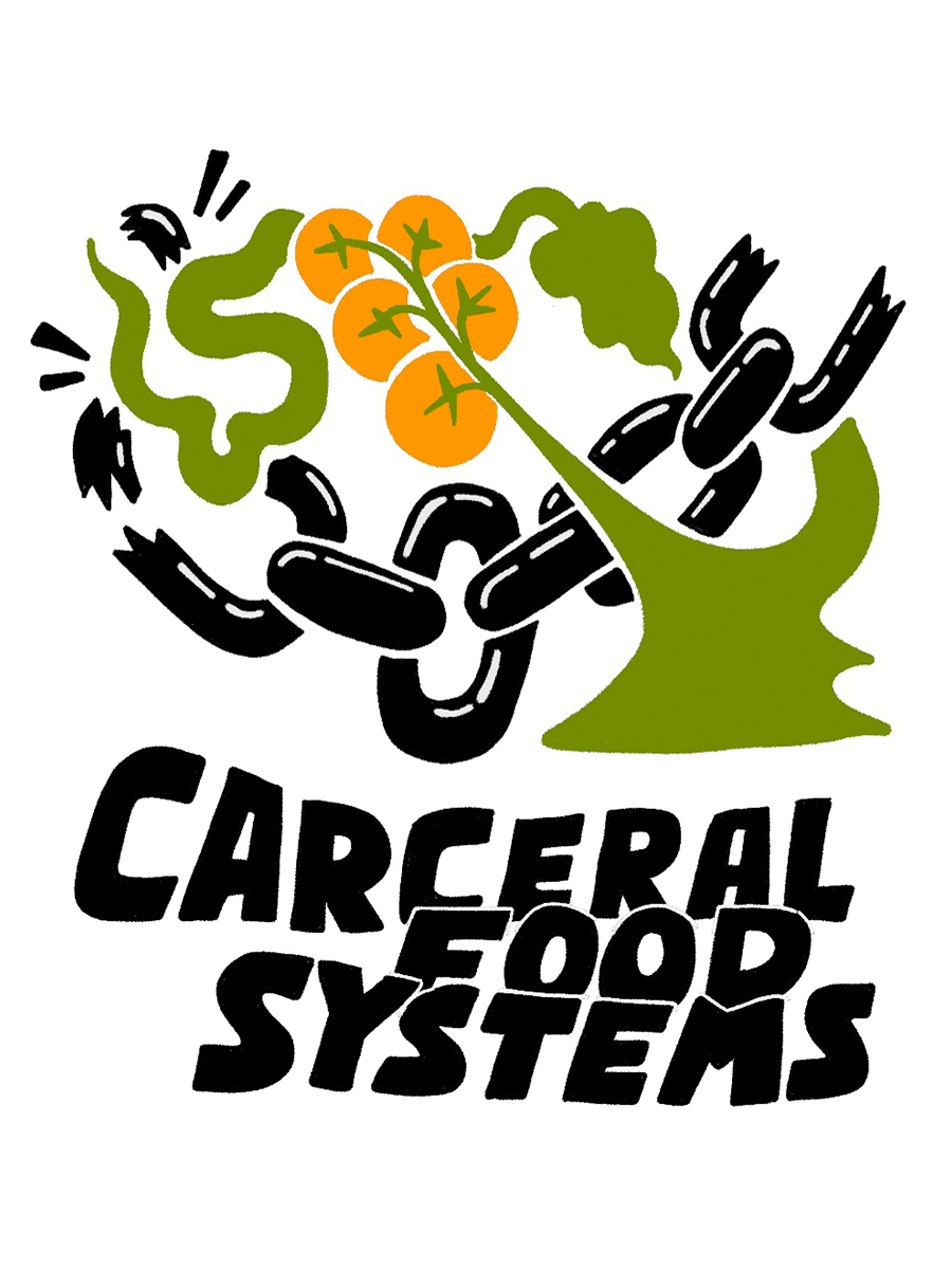 Title reads: Carceral Food Systems under an image of a tomato plant and a chain intertwined. The tomato plant appears to break through the chains.